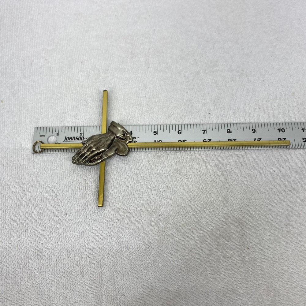 Vintage Brass Wall Cross with Silver Praying Hands Minimalist Religious Decor